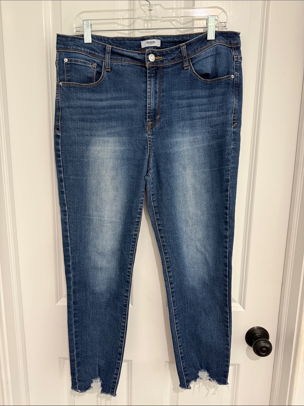 Kensie Dark Blue Cropped Skinny Jeans with Raw Hem